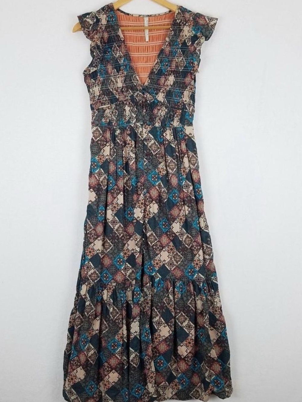 Anthropologie: Bohemian Patchwork Maxi Dress in Teal and Brown